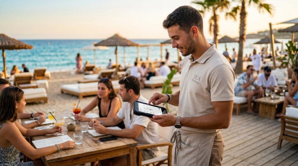 comandero en hosteleria en un beach club