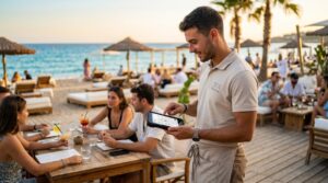 comandero en hosteleria en un beach club