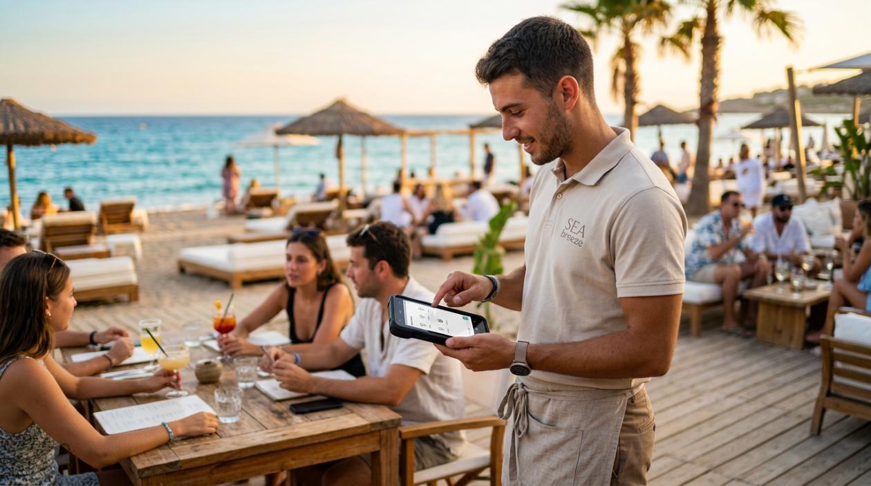 comandero en hosteleria en un beach club